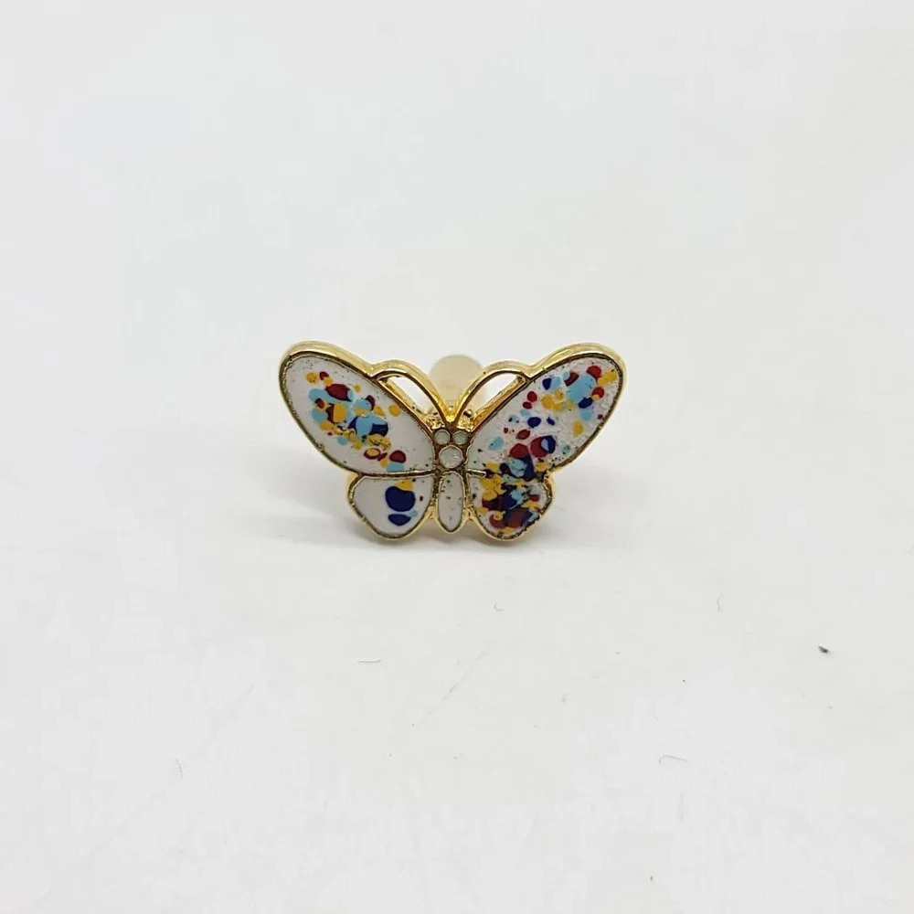 Sarah Coventry Gold Tone White Enamel Confetti Butterfly Pin Cork Back Vintage